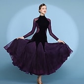 preiswerte Standard-Tanzsaal-Damen-Ballsaalkleid, hochgeschlossen, langärmelig, mit Mesh-Einsätzen, Walzerkleid, Modern Standard, Wettkampf-Tanzbekleidung, lila