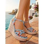 billiga Kvinnor-Damsandaler med blommönster och remmar, kilklack och justerbar vristrem, bekväma och snygga för sommar, strand och semester