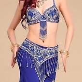 preiswerte Bauchtanzkleidung-Samba Dancewear Tiefblaues Ornamental Beaded Pailletten Bauchtanz-Set Leistungskostüm