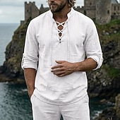 abordables Vacances-Homme Chemise Chemise en lin Style Viking Chemise popover Chemise d'été Chemise à col officier Uni Occasionnel Vacances Noir Blanche Vert Kaki manche longue Col en V Été Printemps Vêtement Tenue