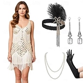 billiga 1920-talets klänningar-Set Roaring 20s 1920s Mini Dress Flapper Dress Outfits with Accessories Sleeveless The Great Gatsby Charleston Sequins Tassel Fringe Feather Deep V Fancy Dress Women's Carnival New Year Masquerade