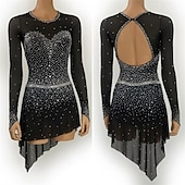 ieftine Rochii de patinaj artistic-Rochie de Patinaj Artistic Pentru femei Πατινάζ στο πάγο Rochii Negru Peteci Mâneci cu Gaura Înaltă Elasticitate Antrenament Competiție Ținută Patinaj Clasic Cristale / Strasuri Manșon Lung Patinaj