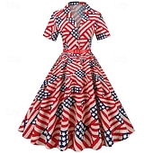  250º Aniversário EUA Anos 50 Retro Vintage Meio-dia Vestidos Vestido swing Vestido Flare Mangas curtas Linha A Fantasia Mulheres 4 de julho Dia da Independência Adulto Vestido Primavera Verão