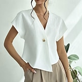 abordables Blouses Unies-Femmes Chemise Décontractée Chemise Boutonnée Chemisier Boutons Ourlet asymétrique Couleur Unie Quotidien Élégant Occasionnel Manche Courte Col en V Hauts Réguliers Quotidien Fête Tenue de plage Noir