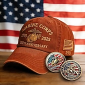economico 250° Anniversario degli Stati Uniti-Cappellino da baseball retrò lavato in onore del 250° anniversario dei Marines degli Stati Uniti con 2 monete commemorative, cappello vintage ricamato per il 250° anniversario dei Marines degli Stati