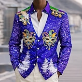 abordables Vintage Shirt-Mardi Gras Men's Carnival Faux Collar and Suit Design Mask with Feathers Shirt Button Up Shirt Long Sleeve Fashion Casual Party Holiday Spring Fall Turndown 3D Print Collared Shirts Purple Green Dark