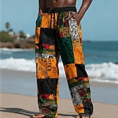 preiswerte Bedruckte Freizeithosen für Herren-Herren Farbblock Patchwork Ethik / Afrikanisch Hose Freizeithose Baggy-Hosen Mittlere Taille Vintage-Retro Heim Outdoor Urlaub Elastischer Kordelzug in der Taille Leinenähnliche Hose mit Taschen