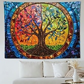 preiswerte Wandteppiche-Wandteppich mit Lebensbaum-Motiv aus Buntglas im Mosaikstil, farbenfrohe und lebendige Kunst, Heimdekoration für Wohnzimmer und Schlafzimmer, großes Stoffposter