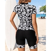 preiswerte One Pieces Rash Guards-Damen Anti UV Shirt Badeanzug 2 Teile Bedruckt Oberschenkelmitte UV Schutz Schnelltrocknend Elastisch Kurzarm Bademode Badeanzug Surfen Strand Schwimmen Sommer