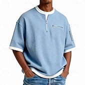 Недорогие Вафельная трикотажная футболка-Мужчины Футболка с вафельным рисунком Футболка С короткими рукавами Хенли Лето Весна Весна лето Сплошной цвет Мода Оригинальный рисунок На каждый день Многослойный поддельные две части