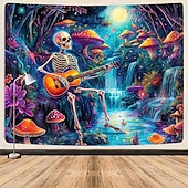 baratos Tapeçarias de Parede-Tapeçaria estética de esqueleto guitarrista, arte de parede psicodélica com cogumelos brilhantes e floresta, cenário de luar e cachoeira para estúdio de música.
