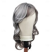 cheap Older Wigs-Silver Grey Wigs for Women, Shoulder Length Wavy Hair with Side Bangs, Natural Looking Heat Resistant Synthetic Wig for Daily Wear, Party