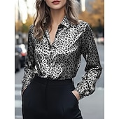 cheap Dressy Blouses-Women's Blouse Buttons Print Leopard Stylish Casual Long Sleeve Shirt Collar Regular Tops Daily Blue Silver Yellow Brown Spring Fall