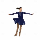 cheap Figure Skating Dresses-Figure Skating Dress Women's Ice Skating Dress Navy Blue Patchwork Stretchy Training Competition Skating Wear Classic Crystal / Rhinestone Long Sleeve Ice Skating Figure Skating