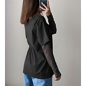 halpa Yksinkertainen t-paita-Naisten 100 % puuvillaverkkopaita tilkkutyö pitsi tilkkutyö feikki kaksiosainen yhdenvärinen tyylikäs rento pitkähihaisella pyöreällä kaula-aukolla säännölliset paidat päivittäinen ulkona musta khaki