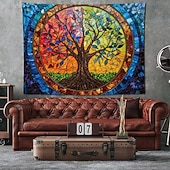 preiswerte Wandteppiche-Wandteppich mit Lebensbaum-Motiv aus Buntglas im Mosaikstil, farbenfrohe und lebendige Kunst, Heimdekoration für Wohnzimmer und Schlafzimmer, großes Stoffposter