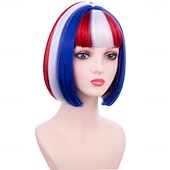  Peruca Azul Vermelha e Branca com Franja para Mulheres e Meninas Peruca Bob Curta do 4 de Julho Festa Peruca Sintética Resistência ao Calor