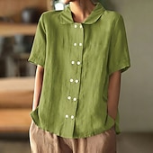 economico Camicie-Per donna Camicie effetto lino Camicia di lino Camicia Estiva Camicia con Bottoni Bottoni Tinta unica Semplice Quotidiano Elegante Casual Manica Corta Collo ripiegato Top Regolari Ferie Uscire