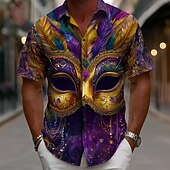 cheap Vintage Shirt-Mardi Gras Men's Carnival Beads Mask with Feathers Shirt Button Up Shirt Short Sleeve Vintage Retro Party Holiday Summer Spring Turndown 3D Print Collared Shirts Purple / Green / Yellow Purple Dark