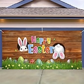 お買い得  ホリデータペストリー-覗くウサギとカラフルな卵が付いたイースターガレージカバー、お祝いの木製の背景の春の装飾、イースターのホームスタイリングと季節の壁の装飾に最適です