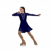 cheap Figure Skating Dresses-Figure Skating Dress Women's Ice Skating Dress Navy Blue Patchwork Stretchy Training Competition Skating Wear Classic Crystal / Rhinestone Long Sleeve Ice Skating Figure Skating