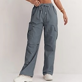 preiswerte Cargohose für Damen-Damen Cargo-Hosen Hose Freizeithose Urlaub Mode Alltagstauglich Volle Länge Hohe Taille Einfarbig Einfach Kordelzug Tasche Weites Bein Komfort Schnelltrocknend Weich Unelastisch Outdoor Streetwear