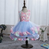 cheap Flower Girl's Dresses-Flower Girl Dress Girls' Formal Dress Wedding Attire Party Wedding Formal Elegant Fashion Adorable Mesh Floral Sleeveless Crew Neck Blue Pink 4 years+
