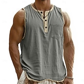 tanie Tank topy sportowe-Męskie Koszula lniana Bezrękawnik Kamizelka Top Podkoszulki Bez rękawów Henley Lato Wiosna Równina Moda Designerskie Podstawowy Kieszeń Guziki Codzienny Urlop Ulica Czarny Rumiany róż Granatowy Top