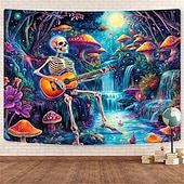 baratos Tapeçarias de Parede-Tapeçaria estética de esqueleto guitarrista, arte de parede psicodélica com cogumelos brilhantes e floresta, cenário de luar e cachoeira para estúdio de música.