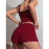 abordables Hauts et bas de nuit pour femmes-Femmes Ensemble Pyjama Occasionnel Confort Couleur Unie Dentelle Taille Élastique Shorts Quotidien Maison Sans manches Bretelles Bleu Blanche Rose Claire Vin Gris Été Printemps Coupe régulière