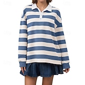 cheap Stripe&amp;Geometric tee-Women's T Shirt Tee Top Buttons Striped Fashion Stylish Classic Long Sleeve Shirt Collar Regular Tops Daily Going out Weekend White Yellow Pink Red Red White Spring Fall