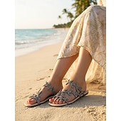 abordables Femmes-Sandales plates scintillantes à strass pour femmes, brides croisées avec anneaux d'orteils, chaussures élégantes et antidérapantes pour des vacances élégantes à la plage.