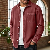 preiswerte Herrenhemd zum Knöpfen-Herren Hemd Freizeithemd Vintage-Shirt Knopfhemd Acid-Wash-Shirt Blau Schwarz Hellgrün Wein Marineblau Langarm Einfach Revers Lässig Streetwear Tasche Bekleidung Baumwolle Mode Retro Vintage Lässig
