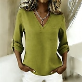 baratos Blusas Elegantes-Mulheres Blusa Tops elegantes Franzido Patchwork Botões Côr Sólida Tecido Elegante Vintage senhoras Manga 3/4 Decote V Tops regulares Diário Trabalho Feriado Azul Amarelo Verde Verão Primavera