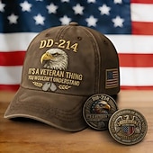 ieftine 250 de ani de la înființarea SUA-Șapcă de veteran DD-214 pentru bărbați cu 2 monede comemorative, șapcă de baseball militară retrasă cu imprimeu digital și grafică cu vultur pleșuv, șapcă casual reglabilă „It's a veteran thing”,