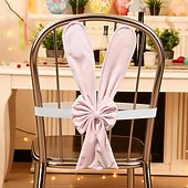 billiga påsk-Påsk stolsöverdrag med kaninöron, söta rosa påskhare med rosett och ryggstöd, avtagbara stretchöverdrag för kaninstolar, perfekt för påskmatbord, restaurangfestdekor