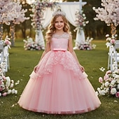 baratos Vestidos de Menina das Flores-Vestido para Meninas das Flores Para Meninas Vestido formal Traje de casamento Festa Casamento Formal Moda Adorável Formal Patchwork Com Transparência Floral Princesa Sem Manga Gola Redonda Azul