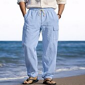 billiga Semester-Herr Linne Byxor Långbyxor Sommarbyxor Strandbyxor Snörning Elastisk midja Flera fickor Slät Lättvikt Andningsfunktion Fullängd Ledigt Dagligen Helgdag Semester Mode 다크 카키 Svart Microelastisk