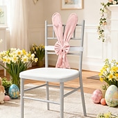 billiga påsk-Påsk stolsöverdrag med kaninöron, söta rosa påskhare med rosett och ryggstöd, avtagbara stretchöverdrag för kaninstolar, perfekt för påskmatbord, restaurangfestdekor