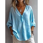 お買い得  ラグジュアリーシャツ-女性用 コットンリネンシャツ フリル 純色 日常 ベーシック カジュアル 長袖 Ｖネック レギュラートップス 日常 ブルー ホワイト ピンク グリーン 夏 春 秋