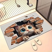 abordables Felpudo-Felpudo con ilusión 3D de gatito, impresión 2D de un gato asomándose a través de una pared de ladrillos para una entrada divertida y original, perfecta para los amantes de los gatos.