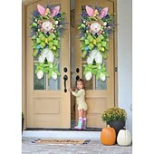 cheap Home Decor-2 Pack Large Easter Bunny Swag Wreath for Front Door, 24" Artificial Spring Bunny Hanger with Lavender Eggs &amp; Green Bows, Whimsical Farmhouse Easter Wall Porch Decor, Cute Outdoor Holiday Decoration