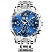 abordables Montres mécaniques-Montre homme Olevs neuve, élégante et fonctionnelle, avec affichage des phases de la lune, du calendrier, de l'heure sur 24 heures et du jour de la semaine. Montre mécanique automatique multifonctions