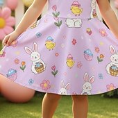 זול תלבושות פסח עבור בנות-פסחא בנות ' תלת מימד גראפי שפן אַרנֶבֶת שמלה שרוולים קצרים הדפסת תלת מימד קיץ אביב יומי חופשה מפלגה סגנון חמוד בסיסי יום יומי ילדים 4-12 שנים שמלת קז'ואל שמלה עם כיווץ במותן עד הברך רגיל