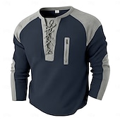  Men's Waffle T-shirt T Shirt Long Sleeve Round Neck Lace Up Neck Fall Fall & Winter Solid Color Color Block Traditional / Vintage Casual Drawstring Home Outdoor Sports & Outdoor Light Blue Black White