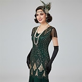 Χαμηλού Κόστους Φορέματα της δεκαετίας του 1920-Σετ Δροσμός 20ετών 1920 Μακρύ Φορέματα Τουαλέτα Σύνολα με αξεσουάρ Κοντά μανίκια Το Great Gatsby Καλεσμένος γάμου Πούλιες Λαιμόκοψη V Φανταχτερή Φόρεμα Γυναικεία