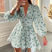 cheap Floral Dress-Women's Mini Dress A Line Dress Slip Dress Vacation Casual Outdoor Going out Regular Fit Floral Long Sleeve V Neck White Purple Green Summer Spring Fall