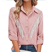 preiswerte Einfache Blusen-Damen Kleidhemd Knopfhemd Bluse Glitzer Knöpfe Strass Elegant Stilvoll Klassisch Langarm Umlegekragen Normale Oberteile Täglich Ferien Ausgehen Blau Schwarz Hellgrün Rosa Wein Sommer Frühling