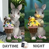 olcso Tájvilágítás-húsvéti nyuszi virágkosár gyantás figura lámpával, kültéri napelemes vízálló kerti dekoráció, udvari ösvény gyepvilágítás, aranyos állatszobor, mezőgazdasági tájképi díszvilágítás kültéri dekorációhoz
