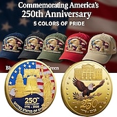  כובע יום הולדת ה-250 של ארצות הברית עם 2 מטבעות זכרון עיט וחירות כובע מודפס דיגטלי לאירוע חגיגת יום העצמאות מתנת פטריוטית חצי אלף